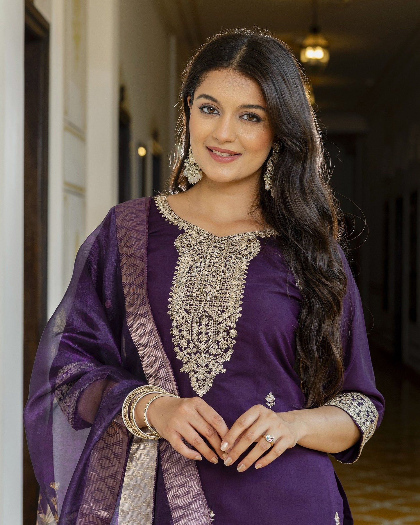 Tarang Deep Violet Gold Zari and Sequin Embroidered Kurta Set