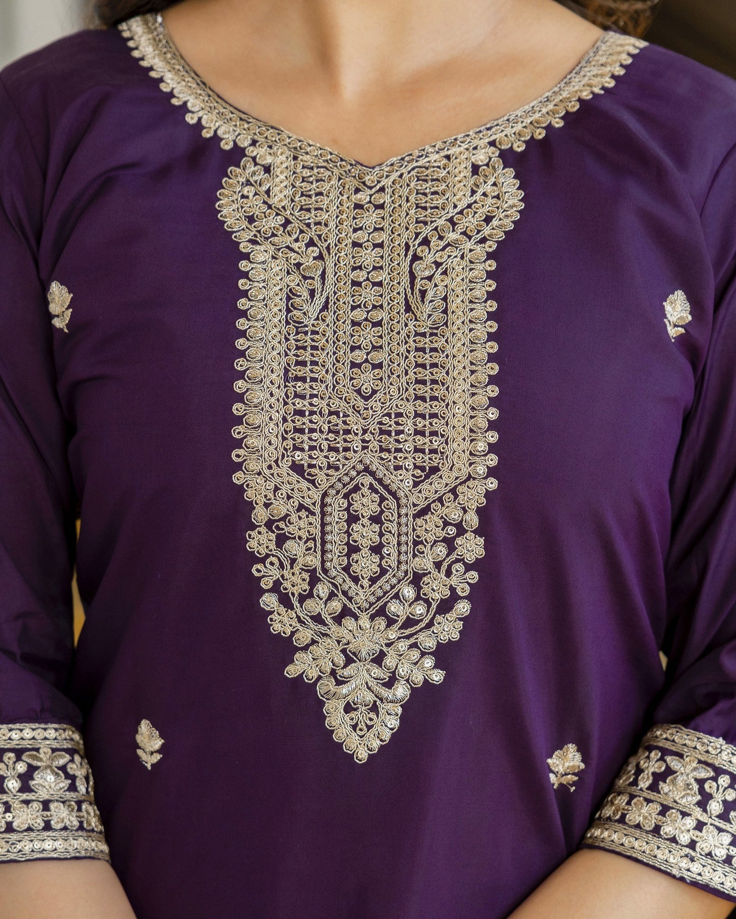 Tarang Deep Violet Gold Zari and Sequin Embroidered Kurta Set