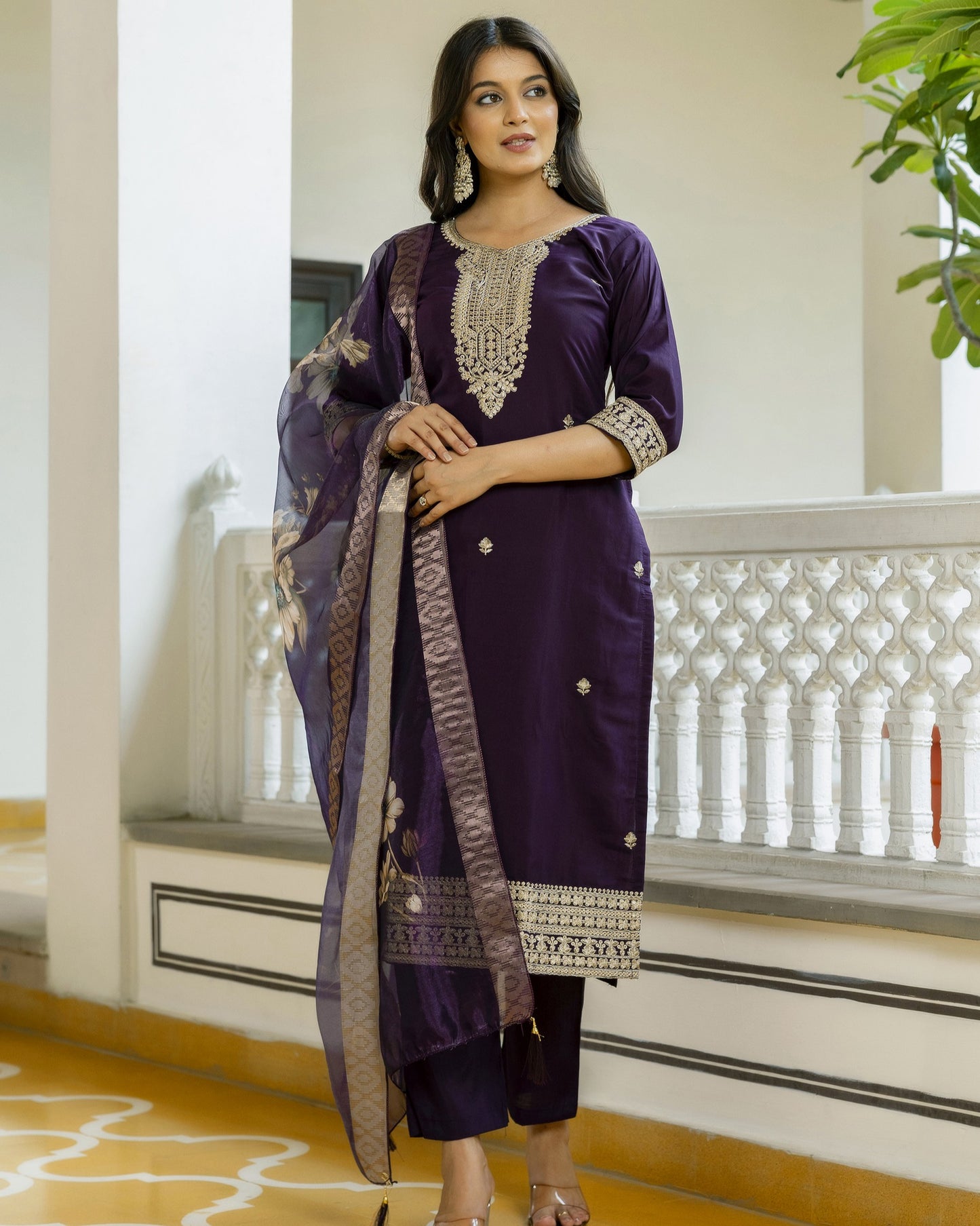 Tarang Deep Violet Gold Zari and Sequin Embroidered Kurta Set