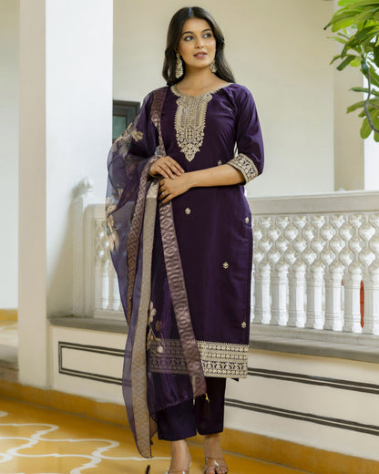 Tarang Deep Violet Gold Zari and Sequin Embroidered Kurta Set