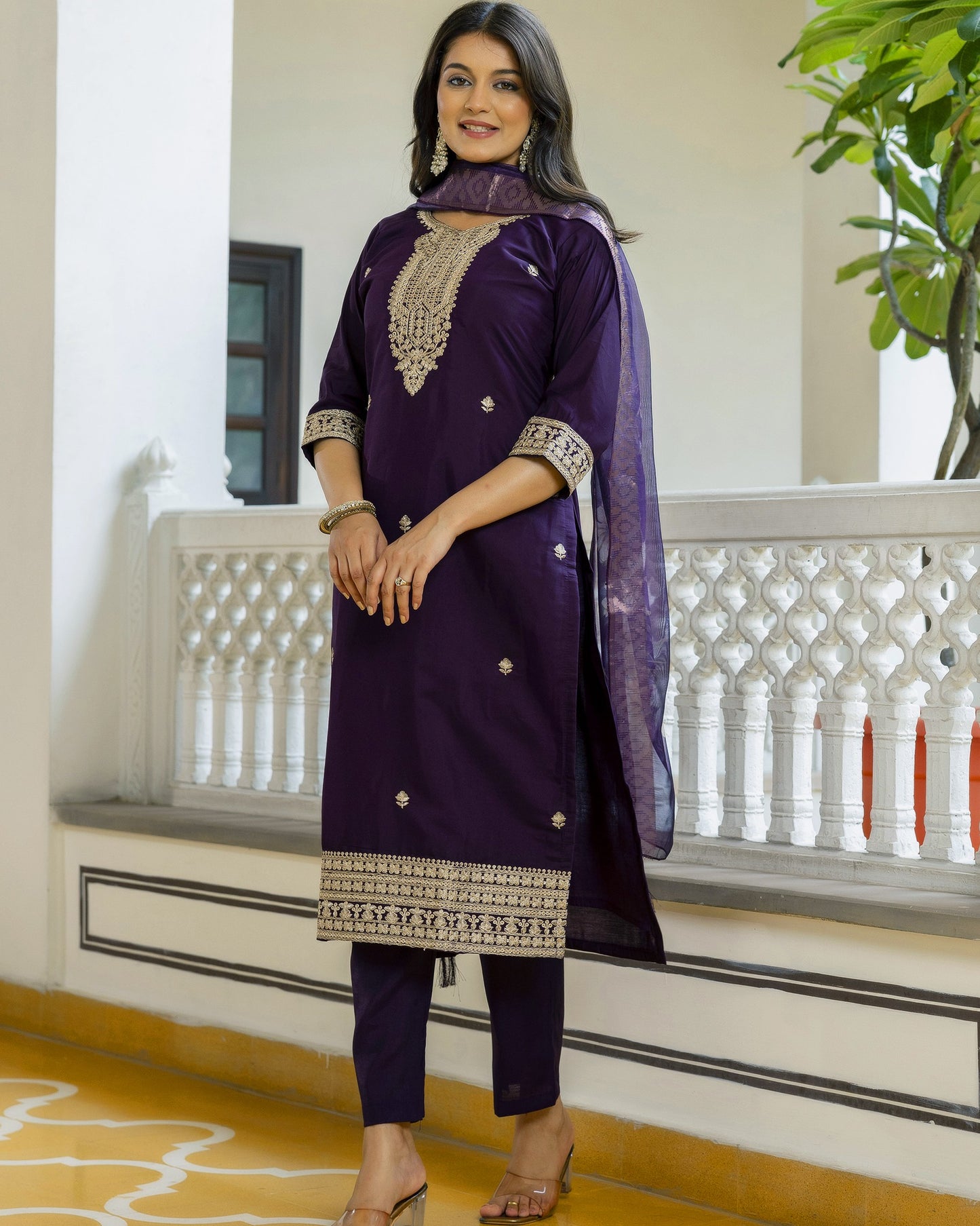 Tarang Deep Violet Gold Zari and Sequin Embroidered Kurta Set