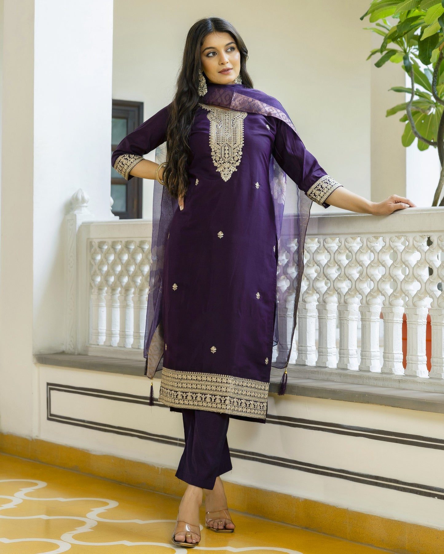 Tarang Deep Violet Gold Zari and Sequin Embroidered Kurta Set