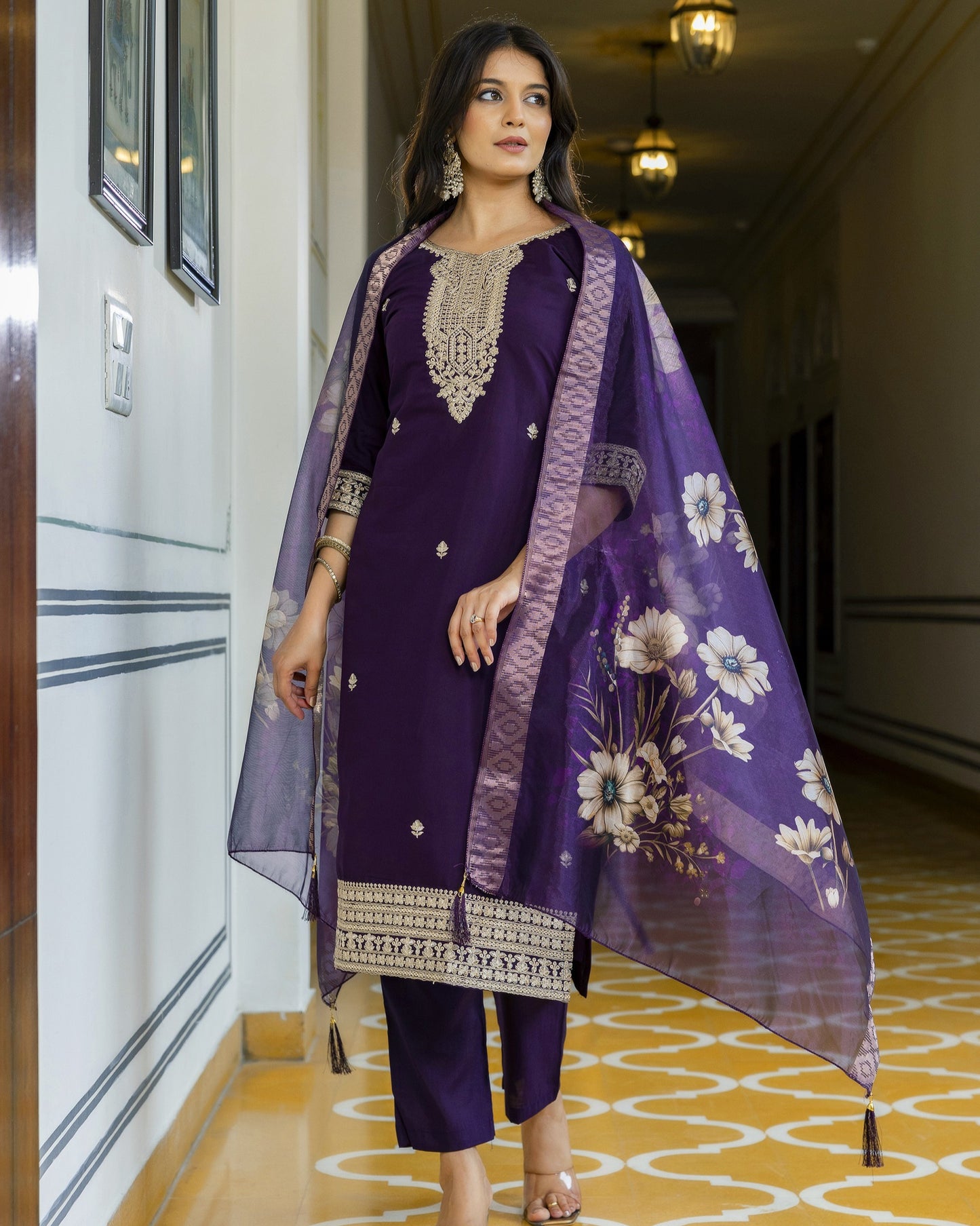 Tarang Deep Violet Gold Zari and Sequin Embroidered Kurta Set
