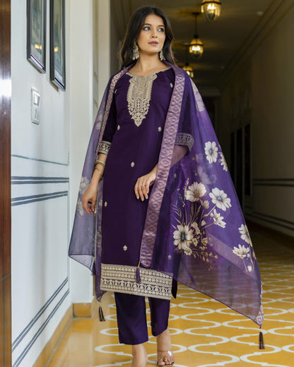 Tarang Deep Violet Gold Zari and Sequin Embroidered Kurta Set