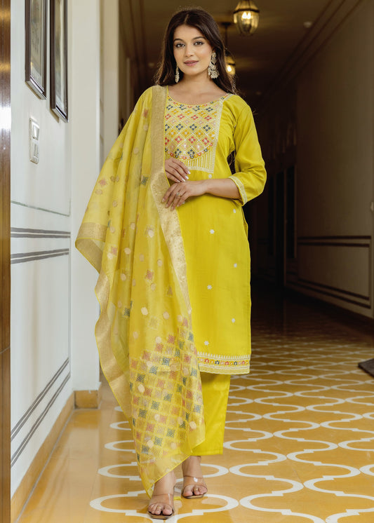 Kesari Lime Yellow Multicolour Geometric Embroidered Kurta Set