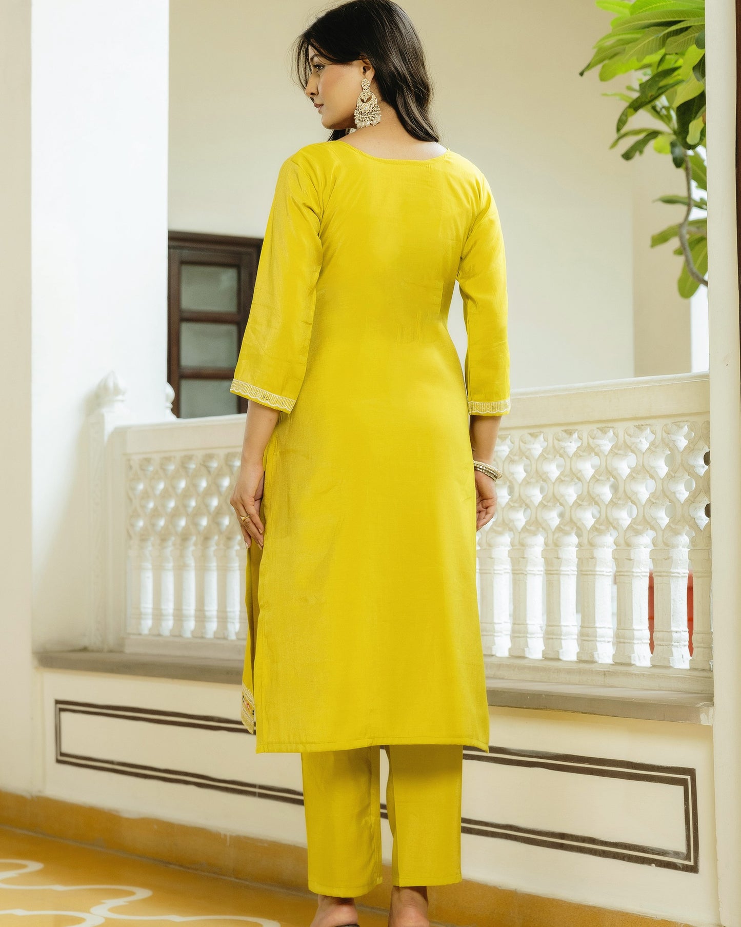 Kesari Lime Yellow Multicolour Geometric Embroidered Kurta Set