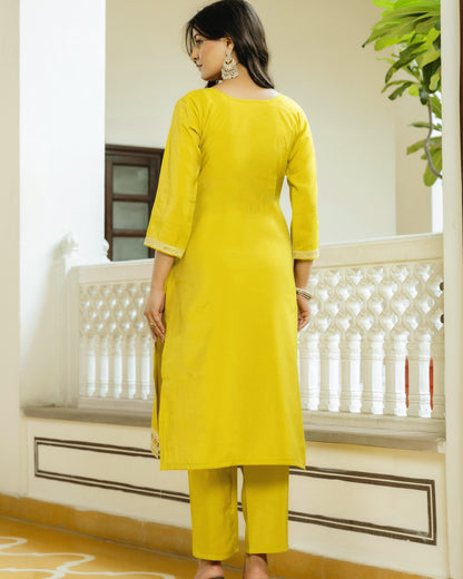 Kesari Lime Yellow Multicolour Geometric Embroidered Kurta Set