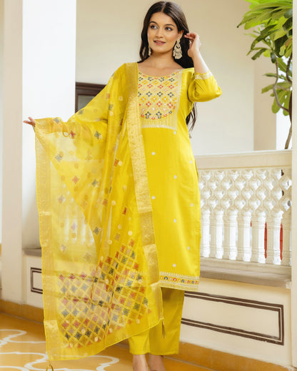 Kesari Lime Yellow Multicolour Geometric Embroidered Kurta Set
