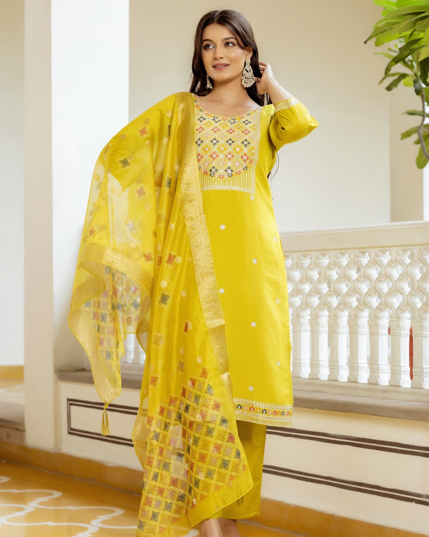 Kesari Lime Yellow Multicolour Geometric Embroidered Kurta Set