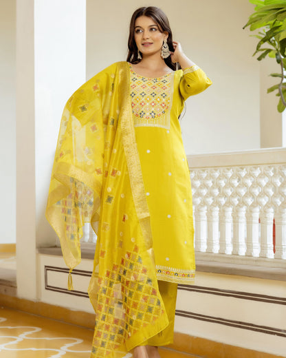 Kesari Lime Yellow Multicolour Geometric Embroidered Kurta Set