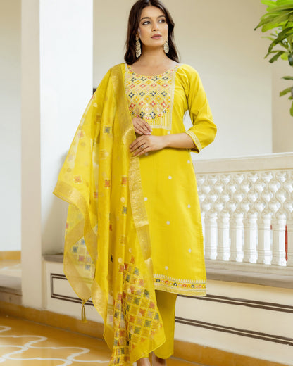 Kesari Lime Yellow Multicolour Geometric Embroidered Kurta Set