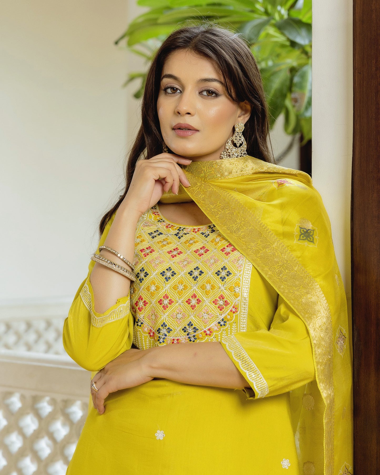Kesari Lime Yellow Multicolour Geometric Embroidered Kurta Set
