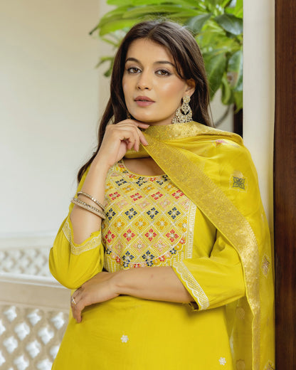 Kesari Lime Yellow Multicolour Geometric Embroidered Kurta Set