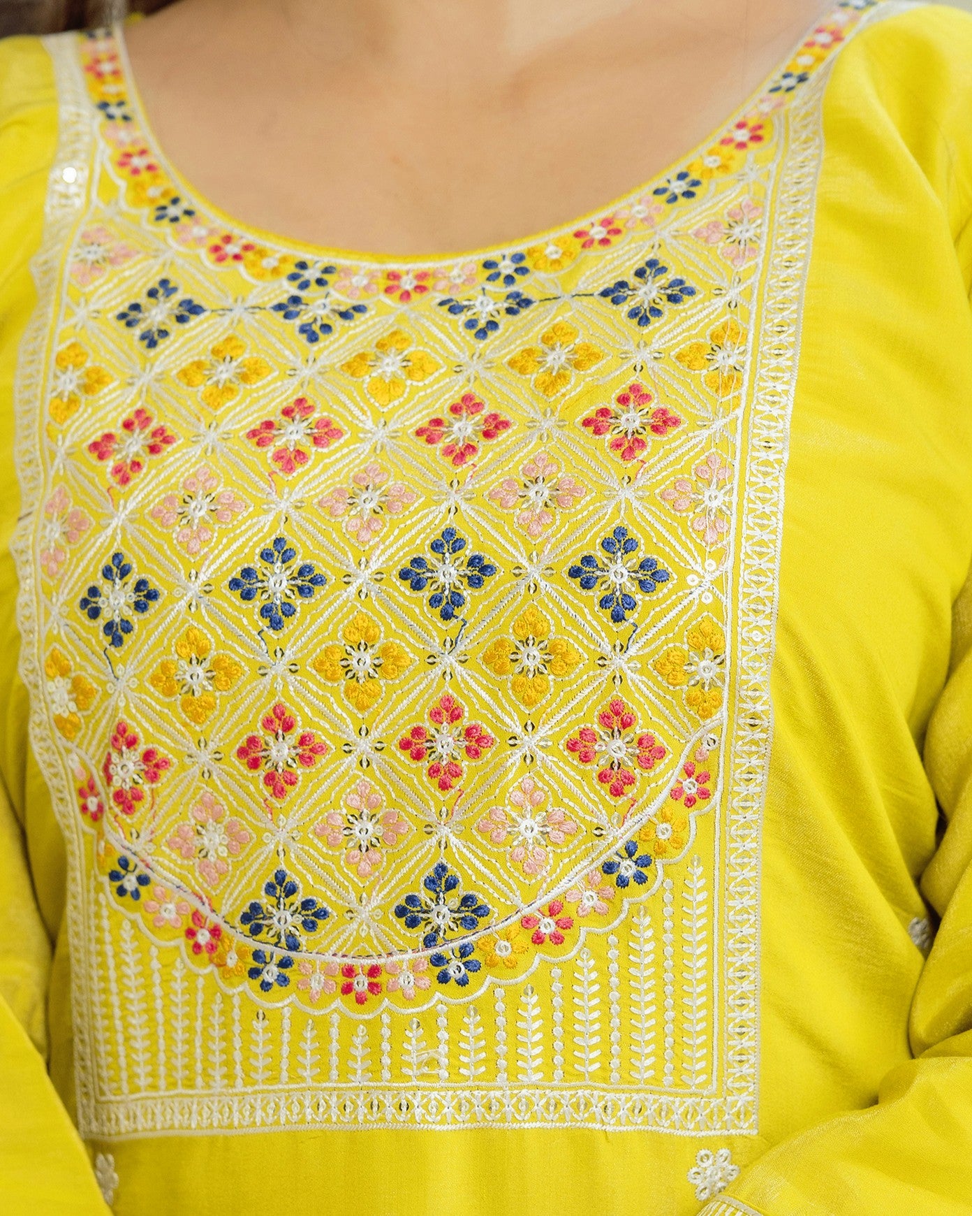 Kesari Lime Yellow Multicolour Geometric Embroidered Kurta Set