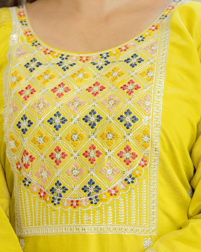 Kesari Lime Yellow Multicolour Geometric Embroidered Kurta Set