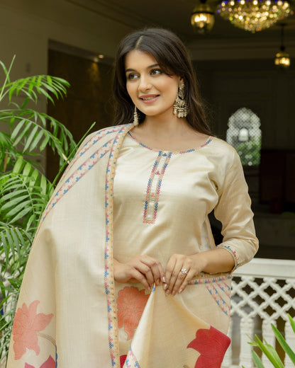Shreya Cream Gold Multicolour Embroidered Kurta Set