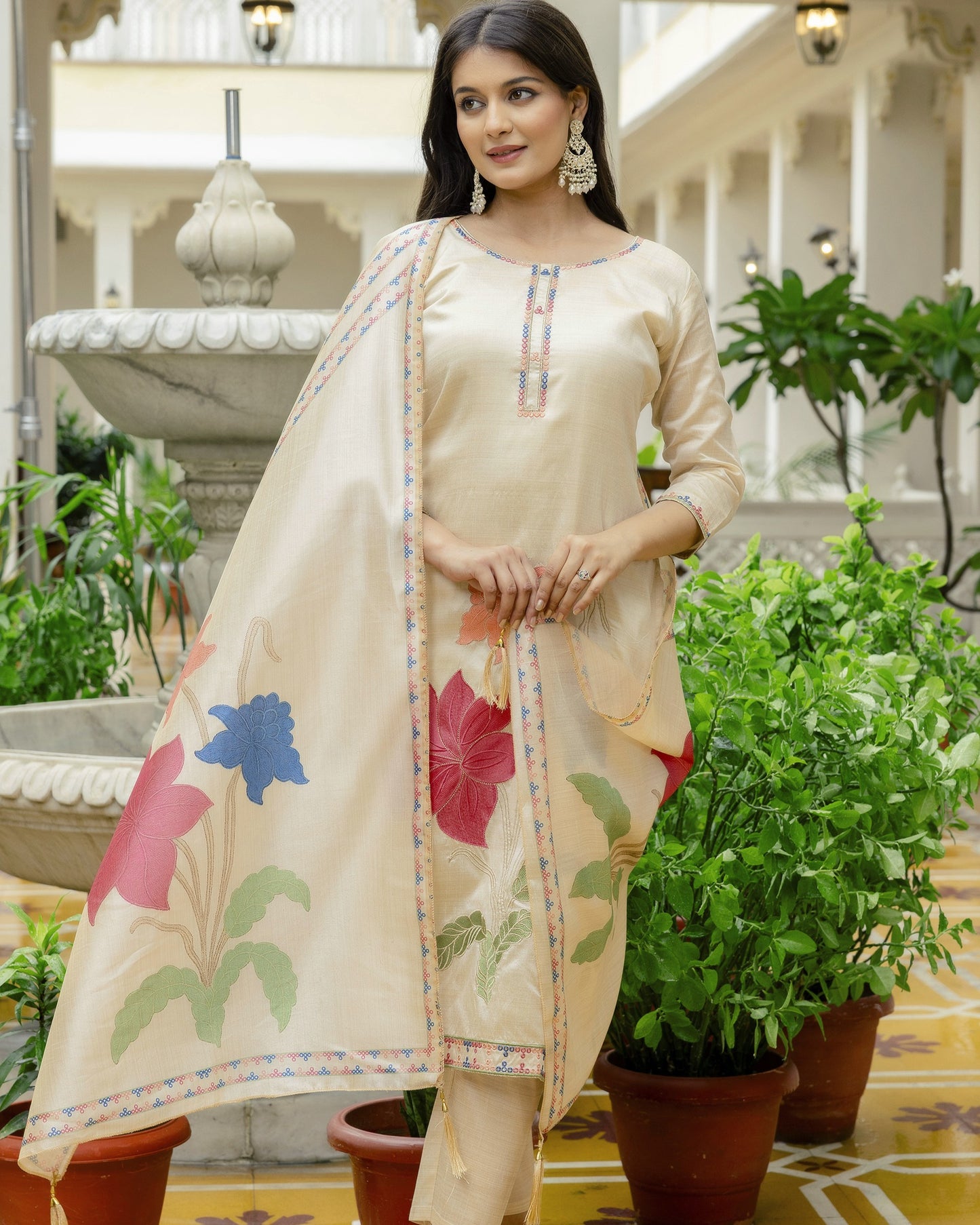 Shreya Cream Gold Multicolour Embroidered Kurta Set