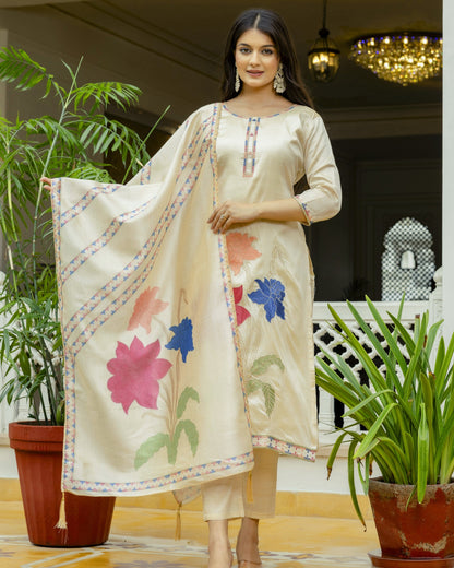 Shreya Cream Gold Multicolour Embroidered Kurta Set
