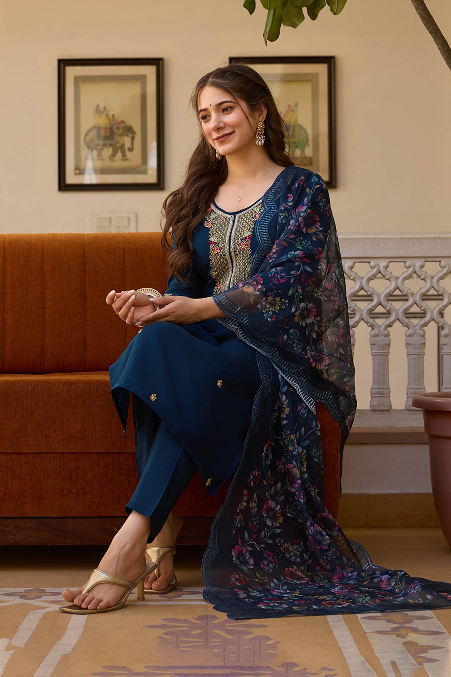 Neelaveni Teal Blue Viscose Chanderi Embroidered Kurta Set
