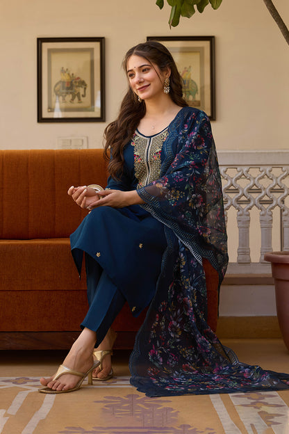 Neelaveni Teal Blue Viscose Chanderi Embroidered Kurta Set