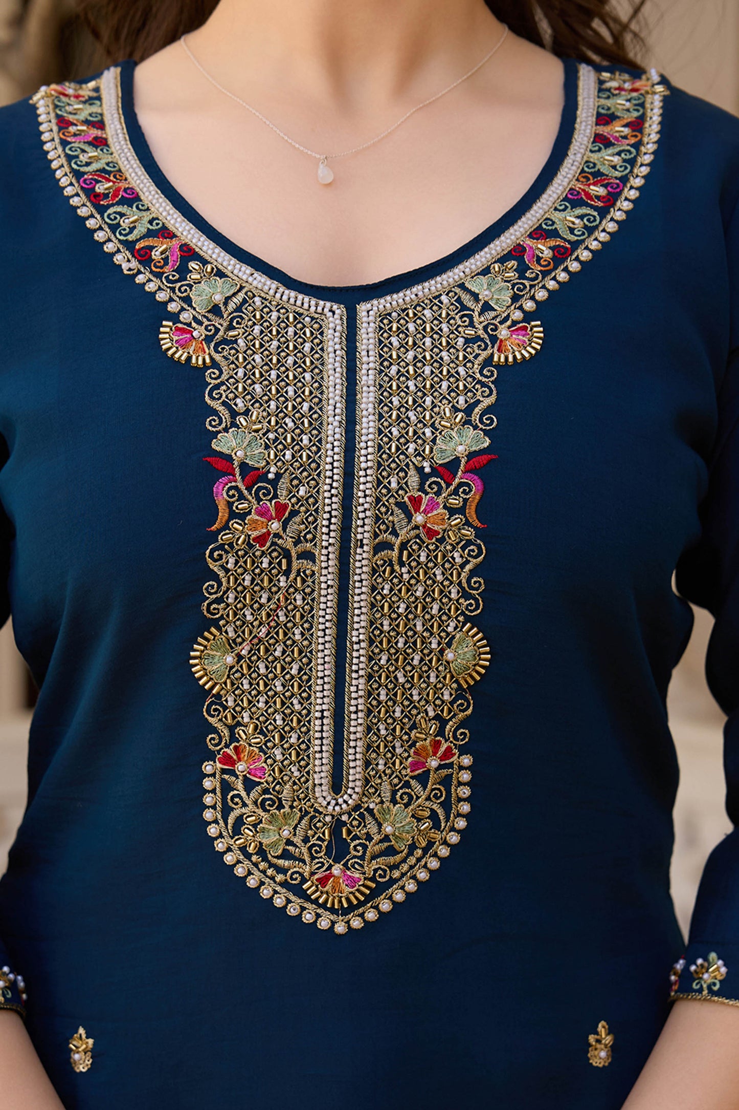 Neelaveni Teal Blue Viscose Chanderi Embroidered Kurta Set