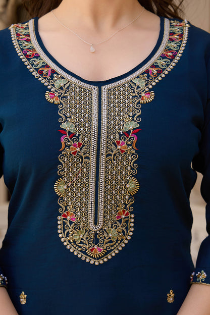 Neelaveni Teal Blue Viscose Chanderi Embroidered Kurta Set