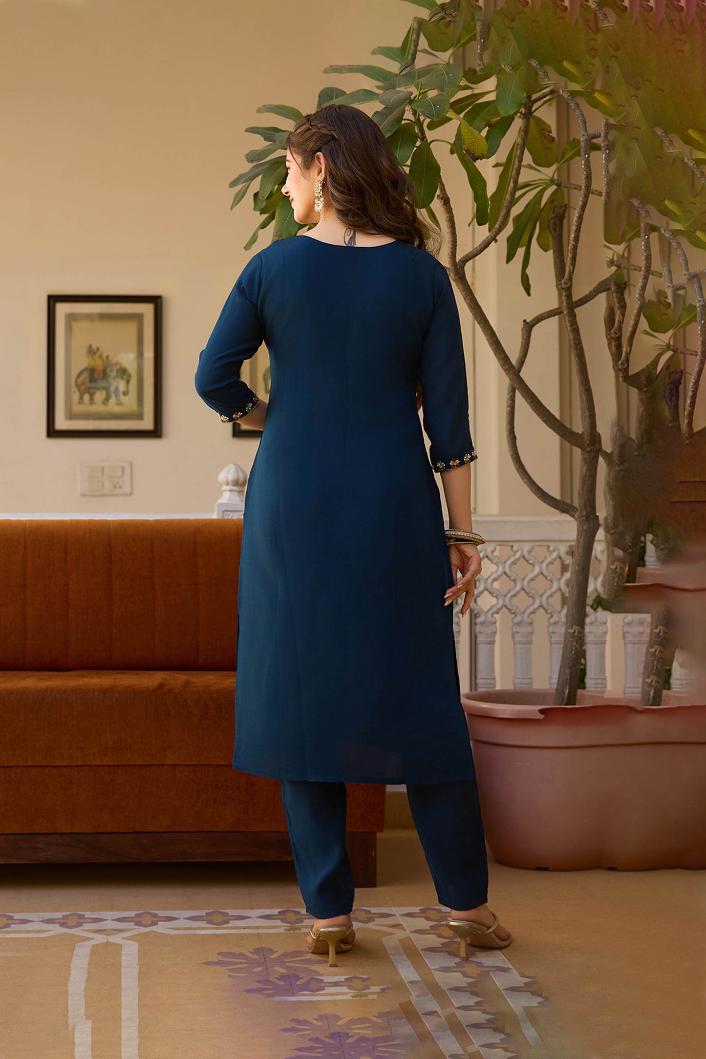 Neelaveni Teal Blue Viscose Chanderi Embroidered Kurta Set