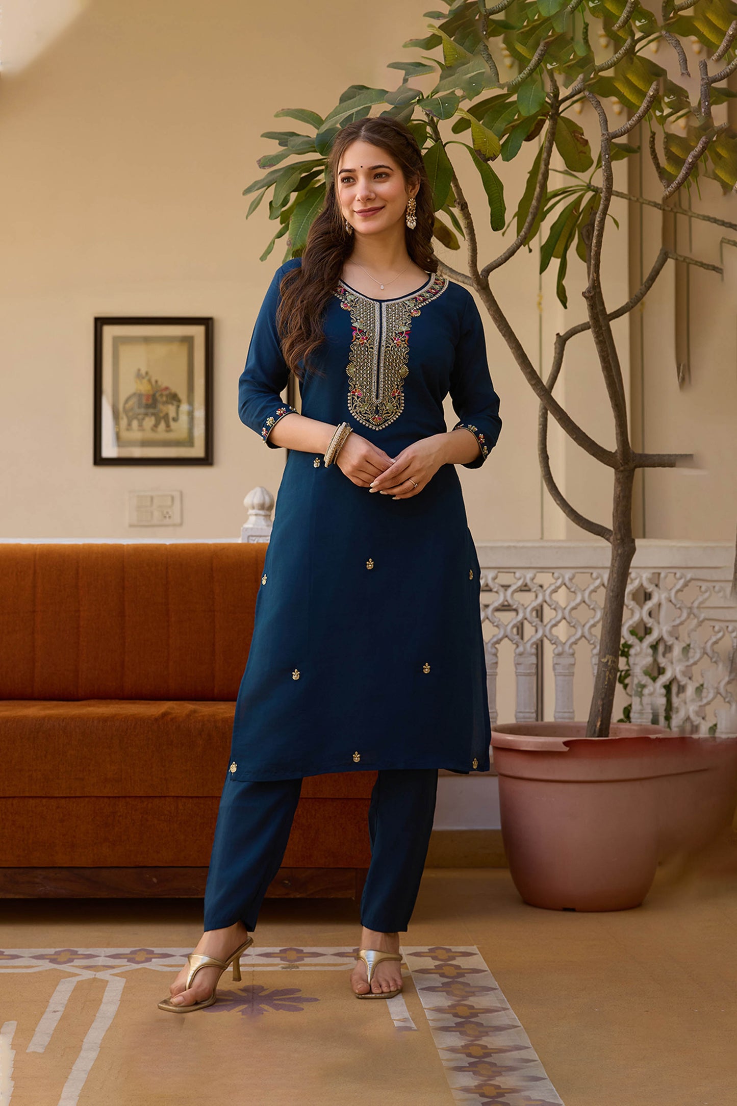 Neelaveni Teal Blue Viscose Chanderi Embroidered Kurta Set