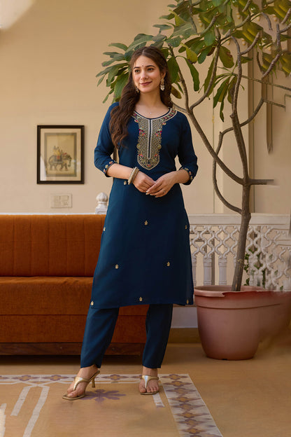 Neelaveni Teal Blue Viscose Chanderi Embroidered Kurta Set