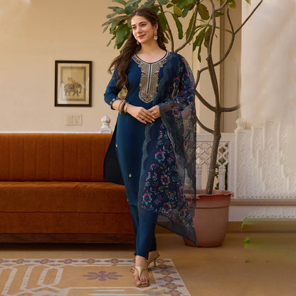 Neelaveni Teal Blue Viscose Chanderi Embroidered Kurta Set