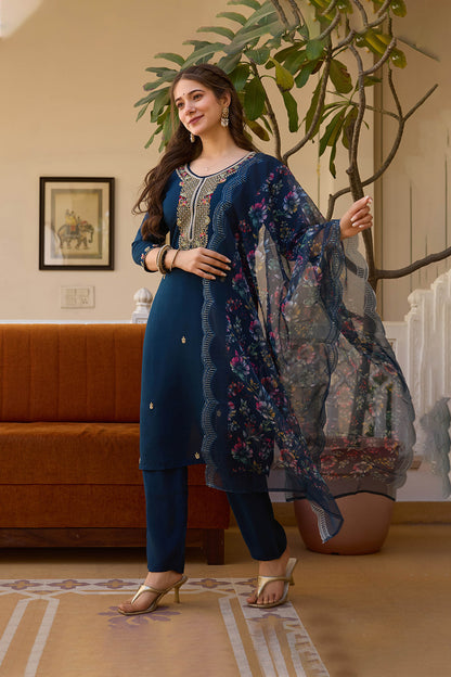 Neelaveni Teal Blue Viscose Chanderi Embroidered Kurta Set