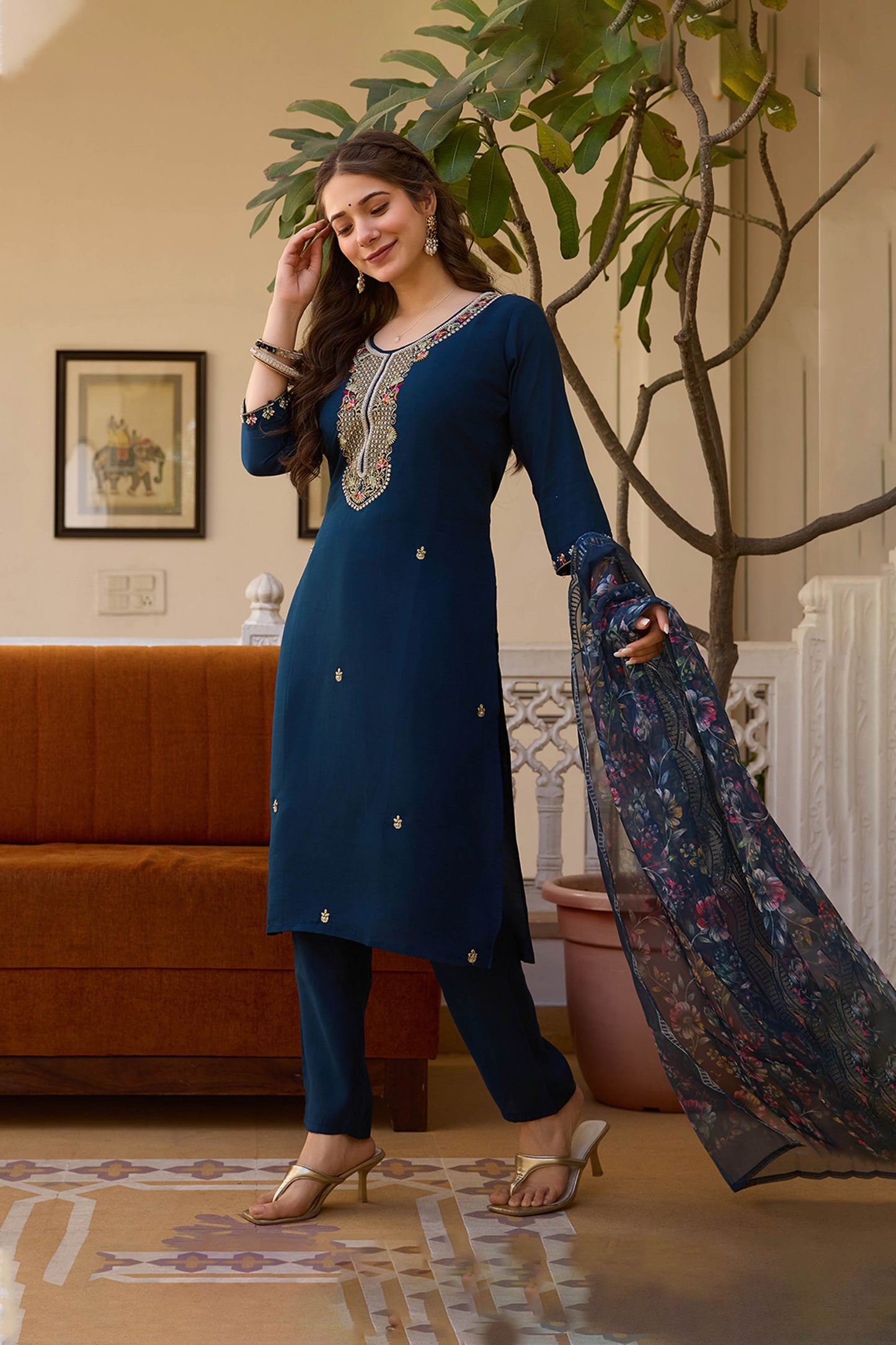 Neelaveni Teal Blue Viscose Chanderi Embroidered Kurta Set