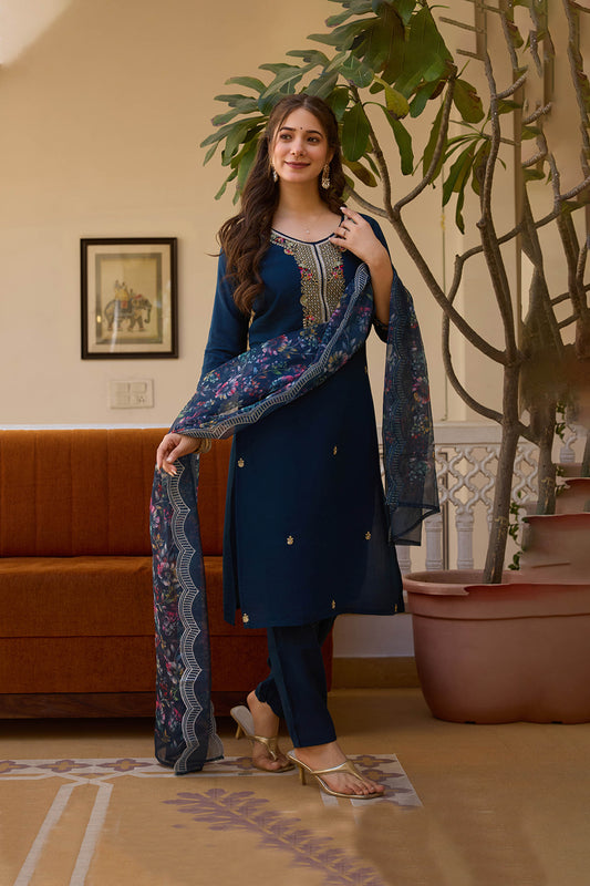Neelaveni Teal Blue Viscose Chanderi Embroidered Kurta Set