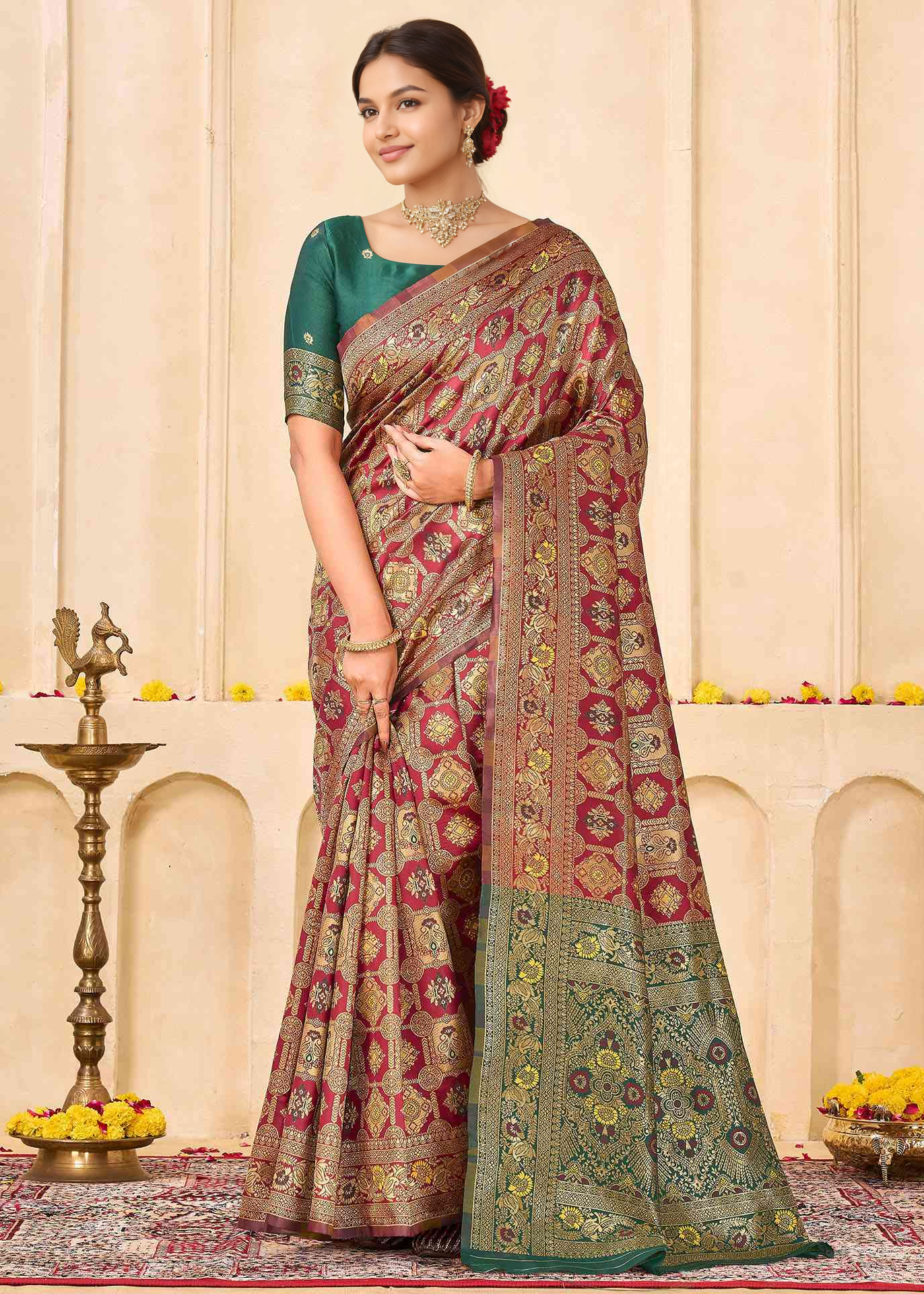 Rich Maroon Banarasi Silk Saree with Antique Gold Zari Border