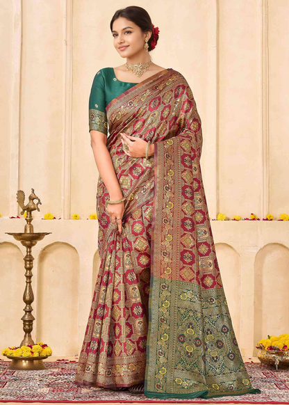 Rich Maroon Banarasi Silk Saree with Antique Gold Zari Border
