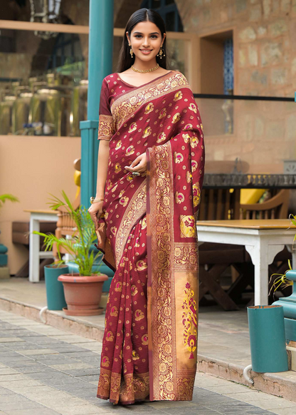 Elegant Maroon Banarasi Silk Saree with Antique Gold Zari Work