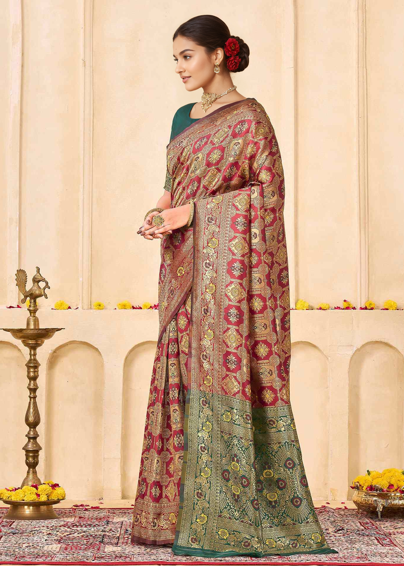 Rich Maroon Banarasi Silk Saree with Antique Gold Zari Border