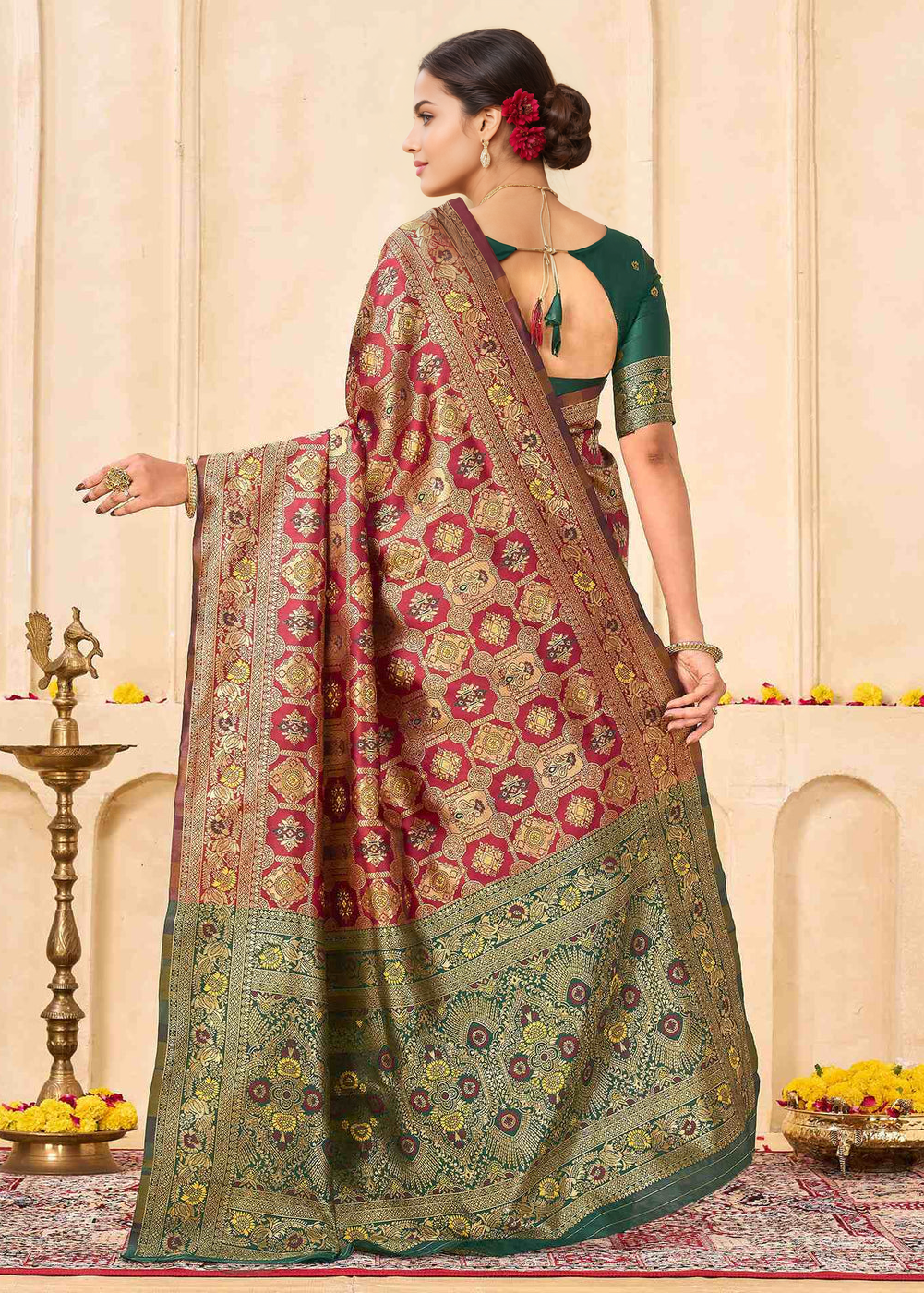 Rich Maroon Banarasi Silk Saree with Antique Gold Zari Border