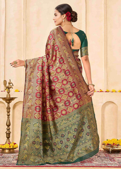 Rich Maroon Banarasi Silk Saree with Antique Gold Zari Border