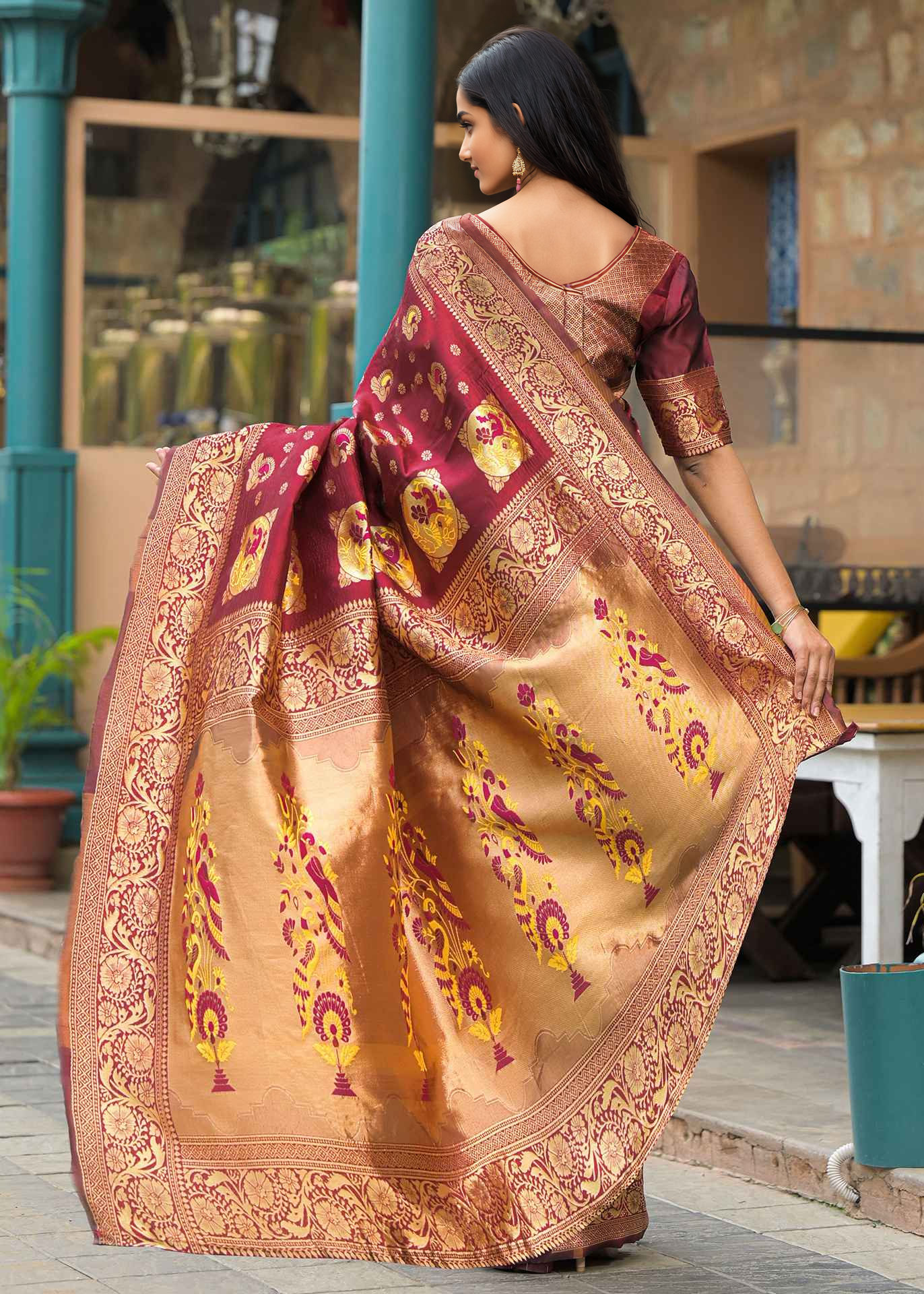 Elegant Maroon Banarasi Silk Saree with Antique Gold Zari Work