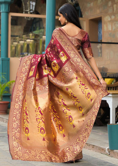 Elegant Maroon Banarasi Silk Saree with Antique Gold Zari Work