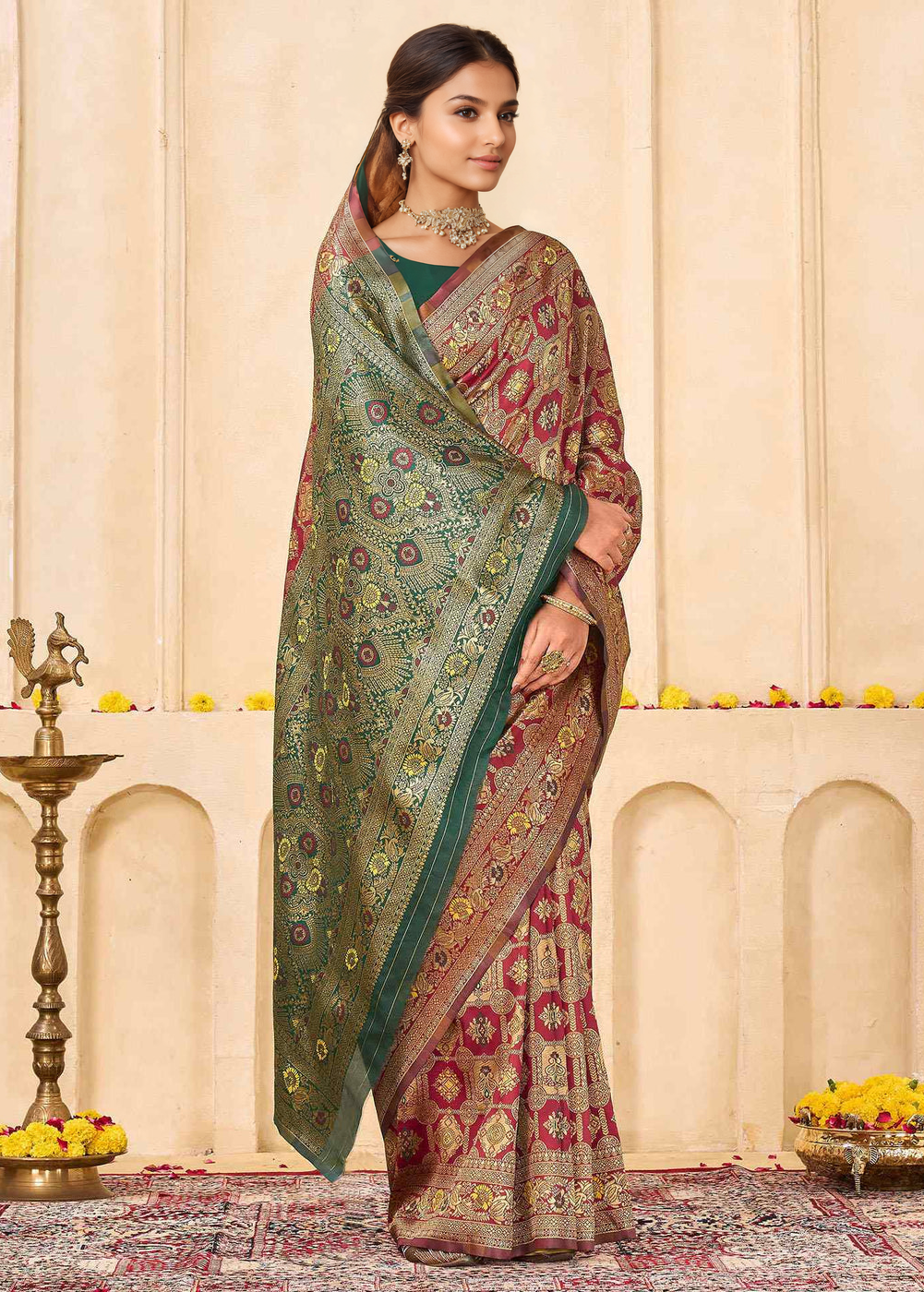 Rich Maroon Banarasi Silk Saree with Antique Gold Zari Border