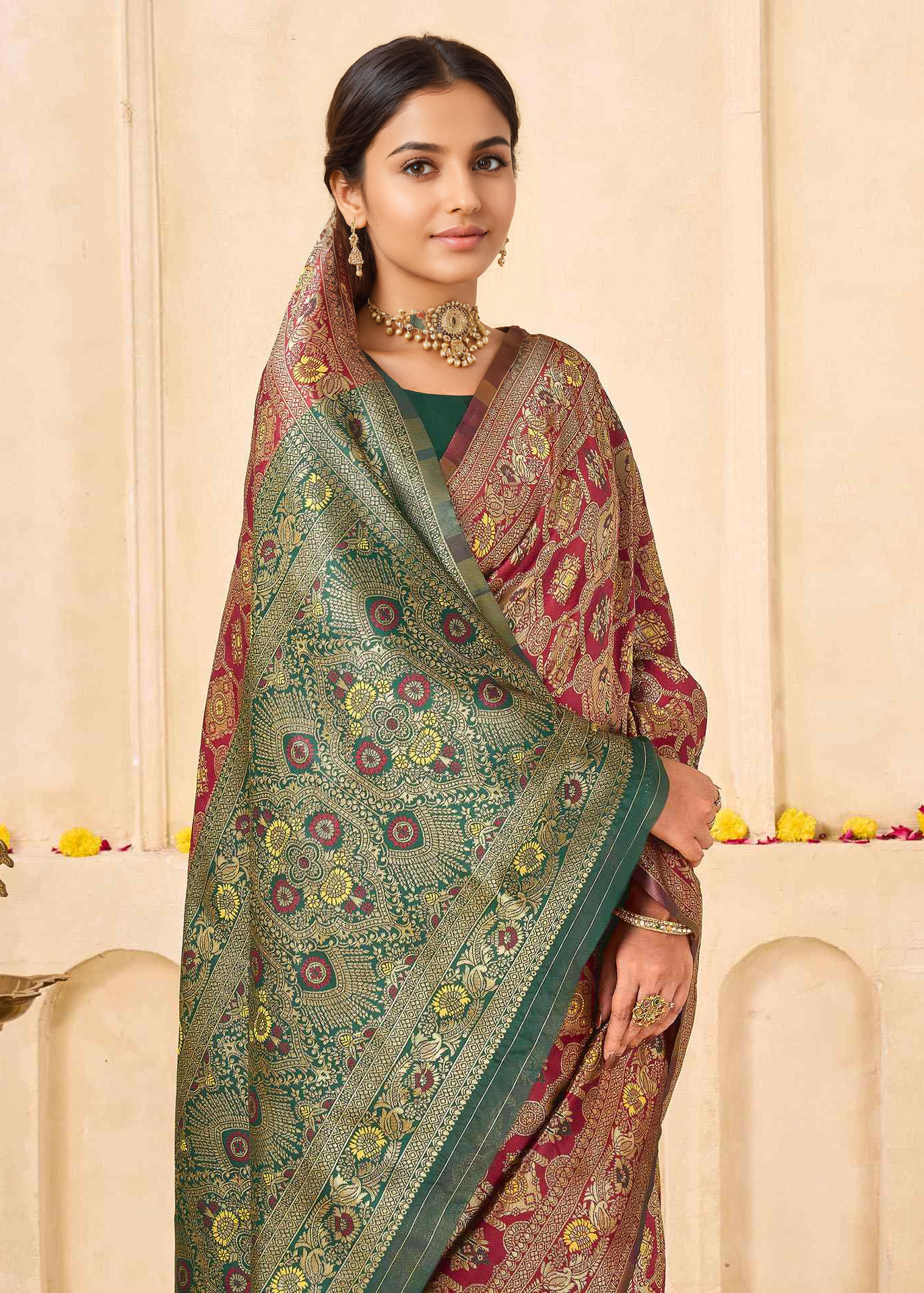 Rich Maroon Banarasi Silk Saree with Antique Gold Zari Border