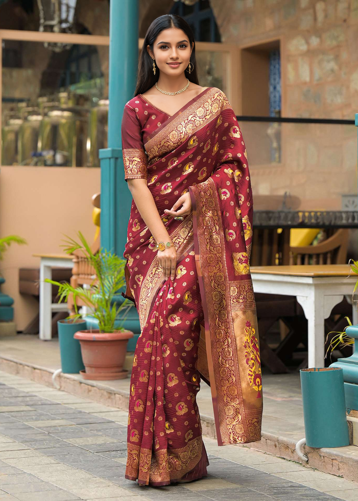 Elegant Maroon Banarasi Silk Saree with Antique Gold Zari Work