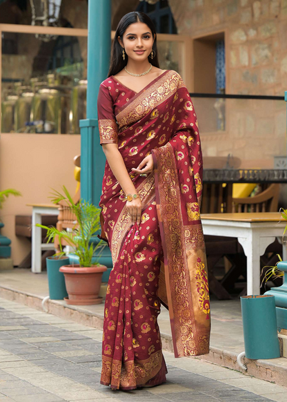 Elegant Maroon Banarasi Silk Saree with Antique Gold Zari Work