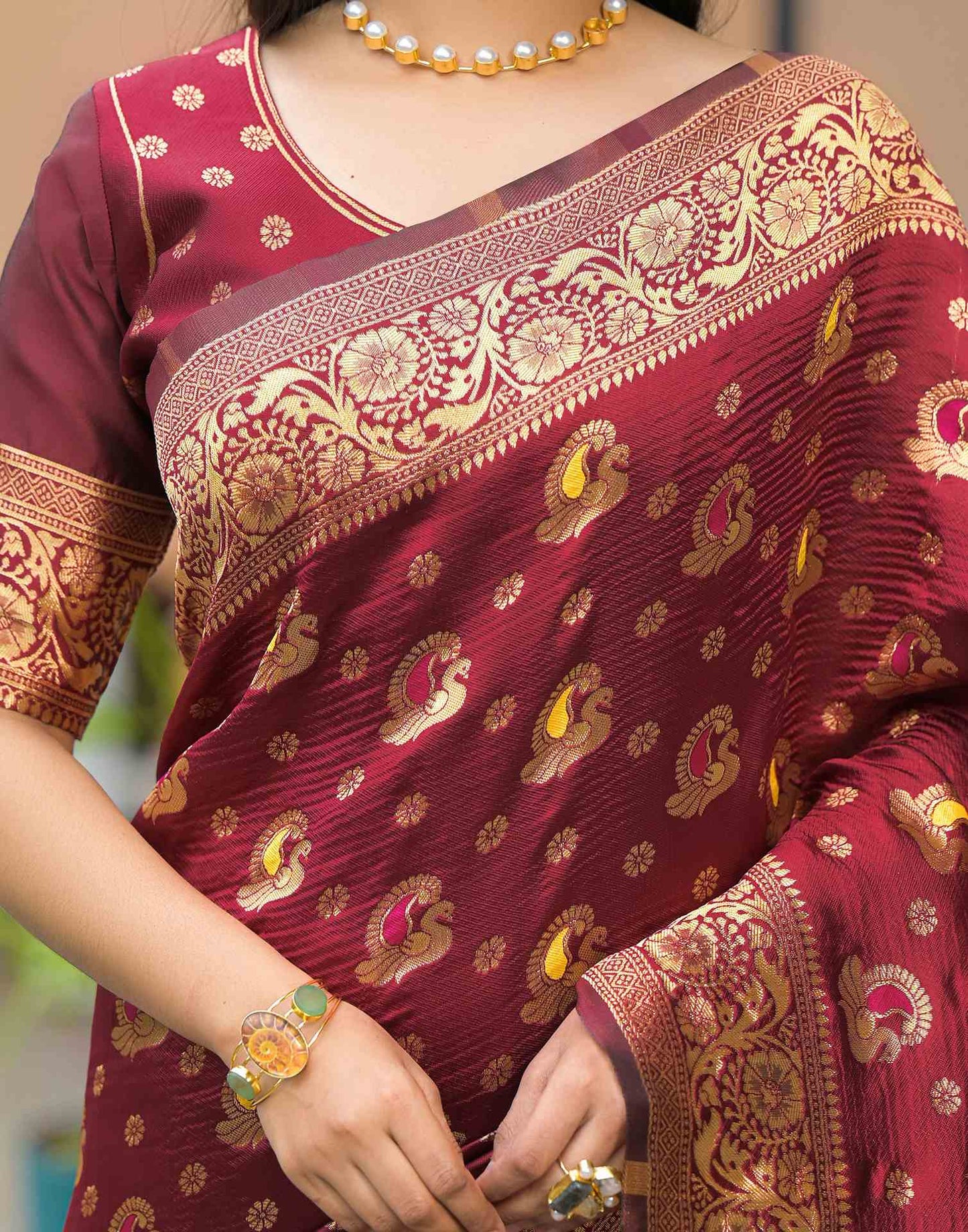 Elegant Maroon Banarasi Silk Saree with Antique Gold Zari Work