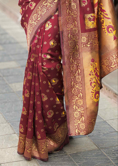 Elegant Maroon Banarasi Silk Saree with Antique Gold Zari Work
