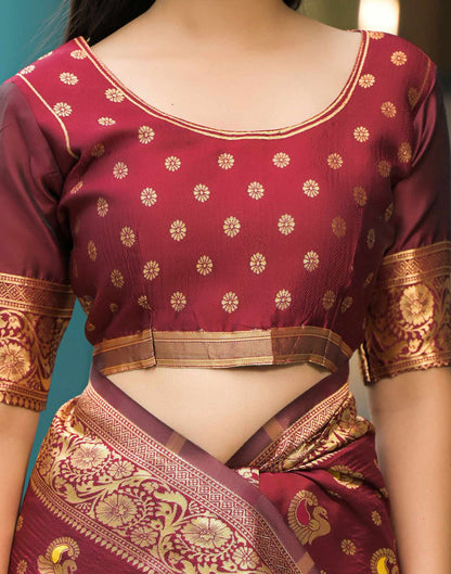 Elegant Maroon Banarasi Silk Saree with Antique Gold Zari Work