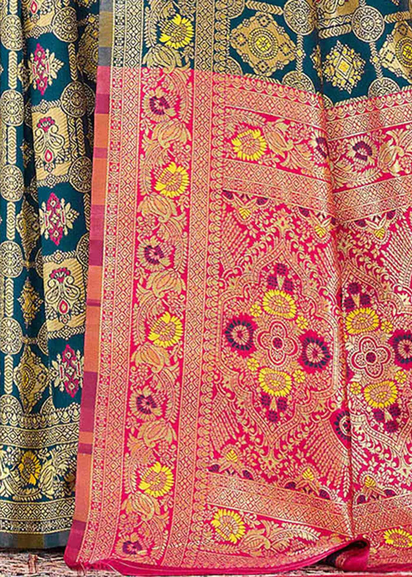 Graceful Morpich Blue Banarasi Silk Saree with Rani Pink Zari Pallu