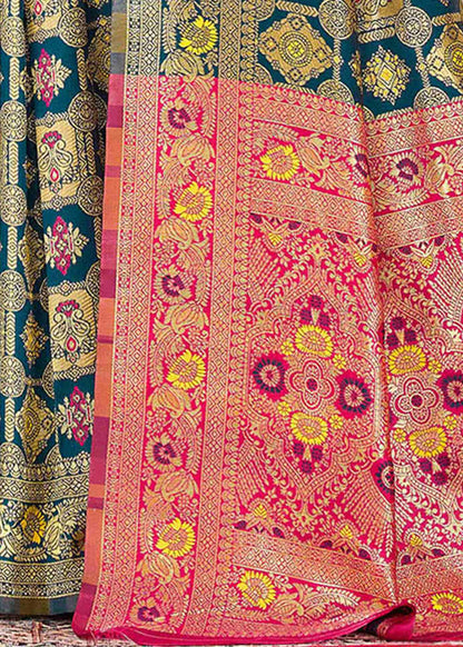 Graceful Morpich Blue Banarasi Silk Saree with Rani Pink Zari Pallu